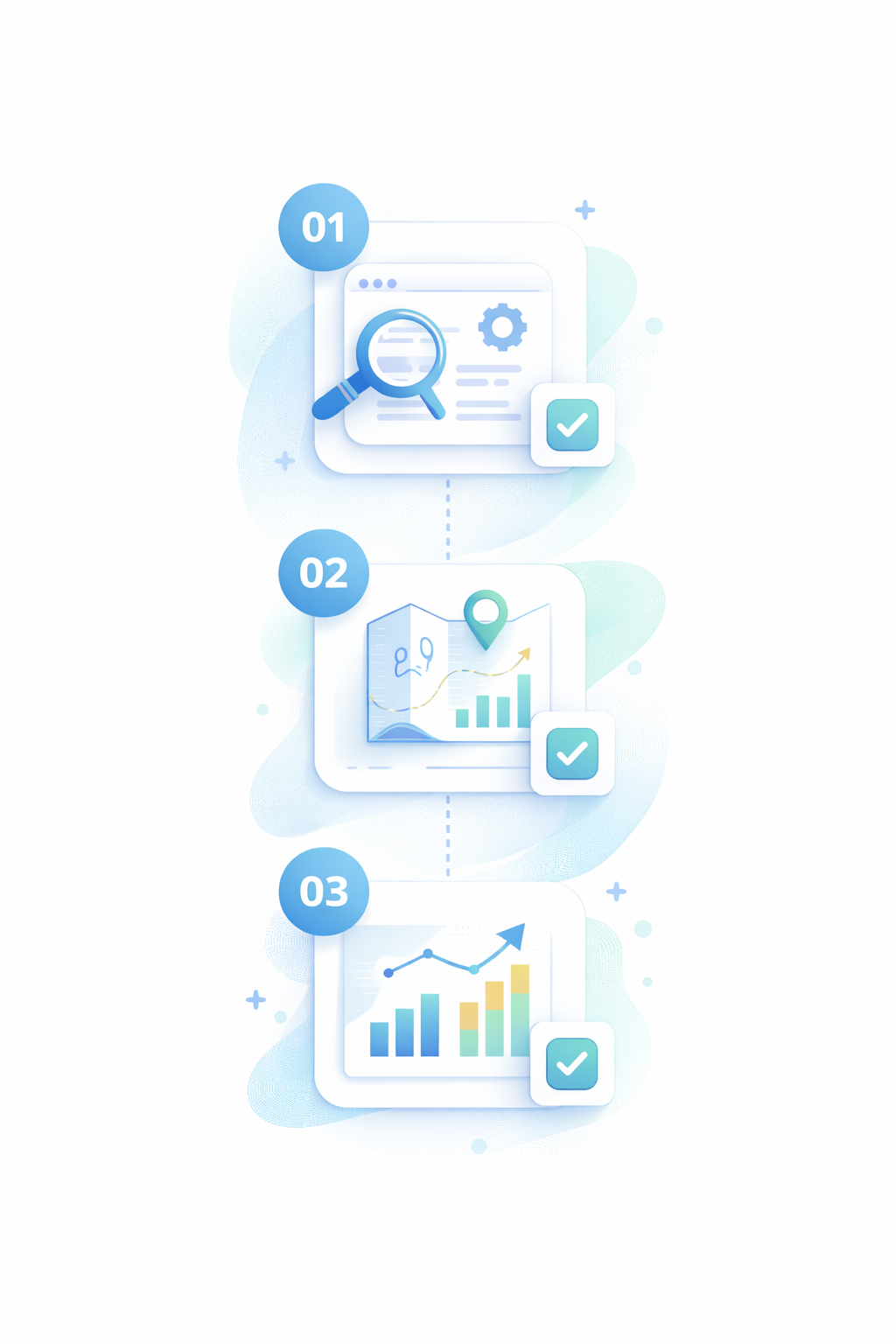 Minimal process illustration with steps and checkmarks