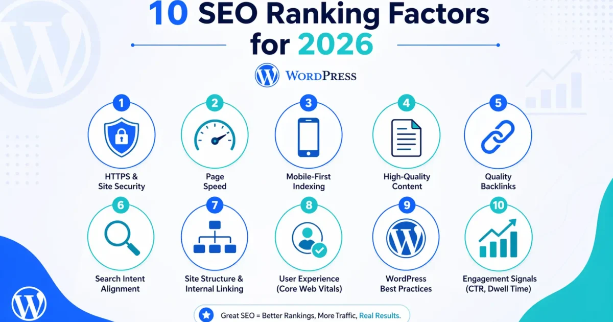 Top 10 Google SEO ranking factors for 2026 including E-E-A-T, Core Web Vitals, mobile-first design, and content quality