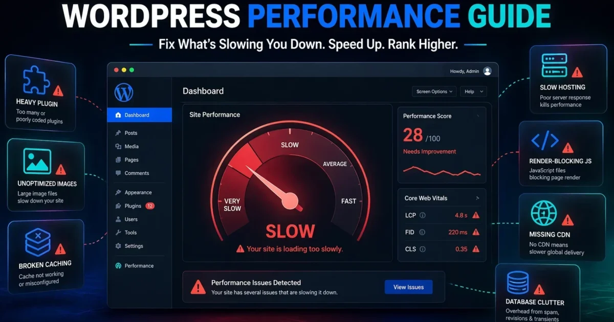 WordPress website speed issues caused by heavy plugins, large images, and render-blocking scripts