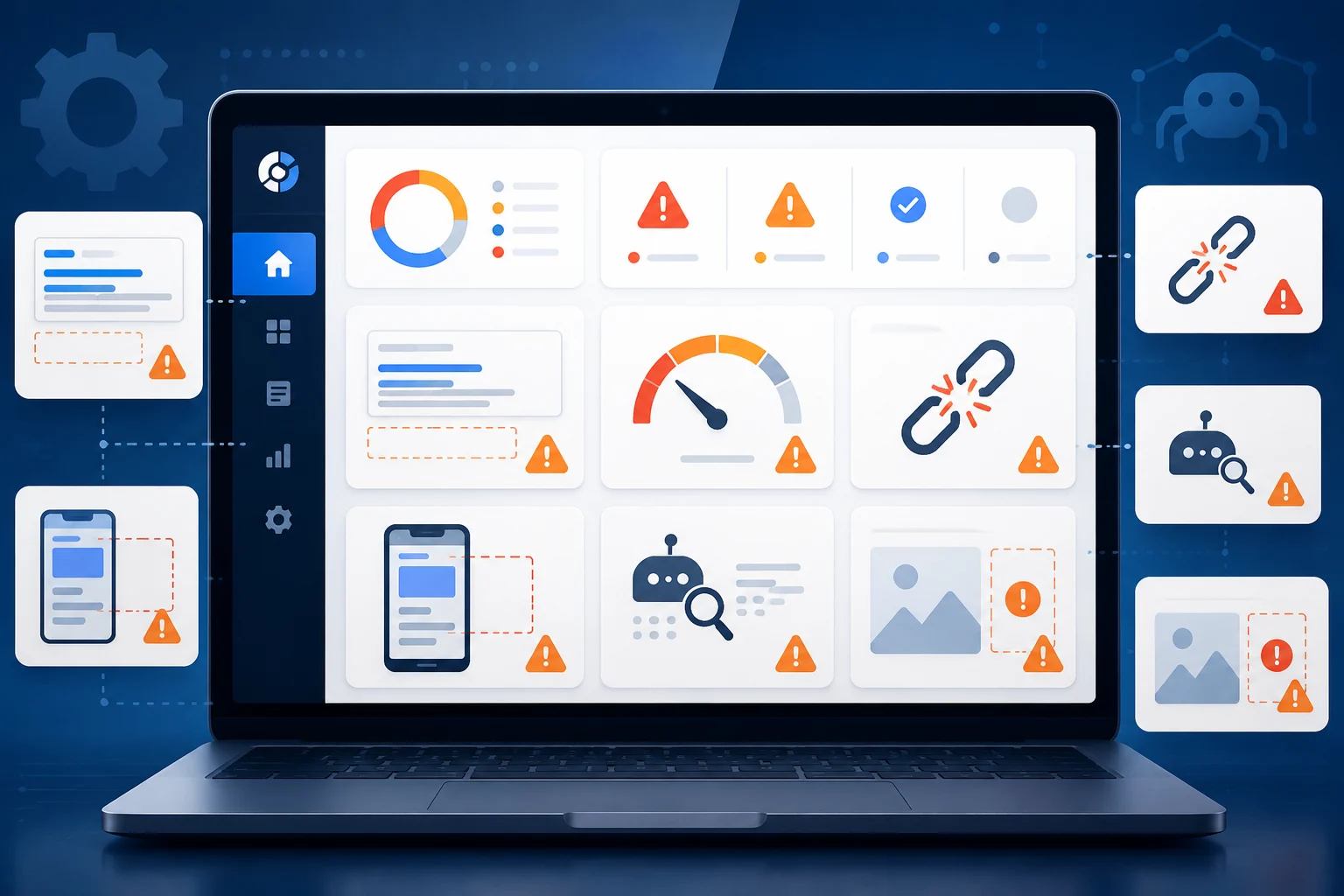 Common website SEO issues found in a technical audit including speed metadata broken links and indexing problems