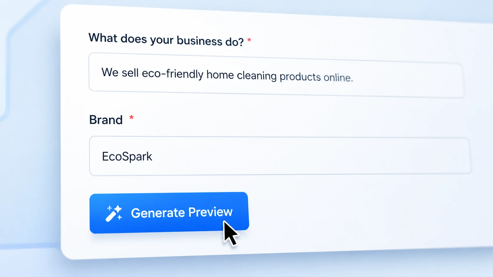 AI Meta Tag Generator form Meta tag generator form with fields for business description, brand name, and website URL