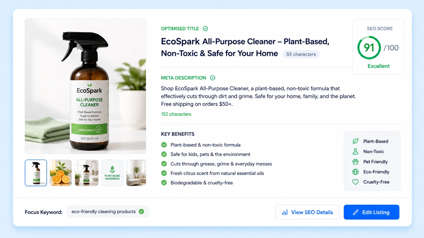 AI product listing optimizer preview Preview of optimized product title, meta description, bullet points, and SEO score