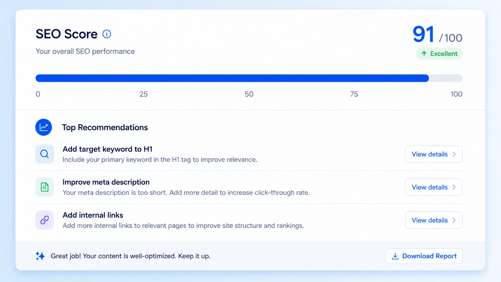 SEO audit preview score Preview of SEO audit score bar with top website SEO recommendations
