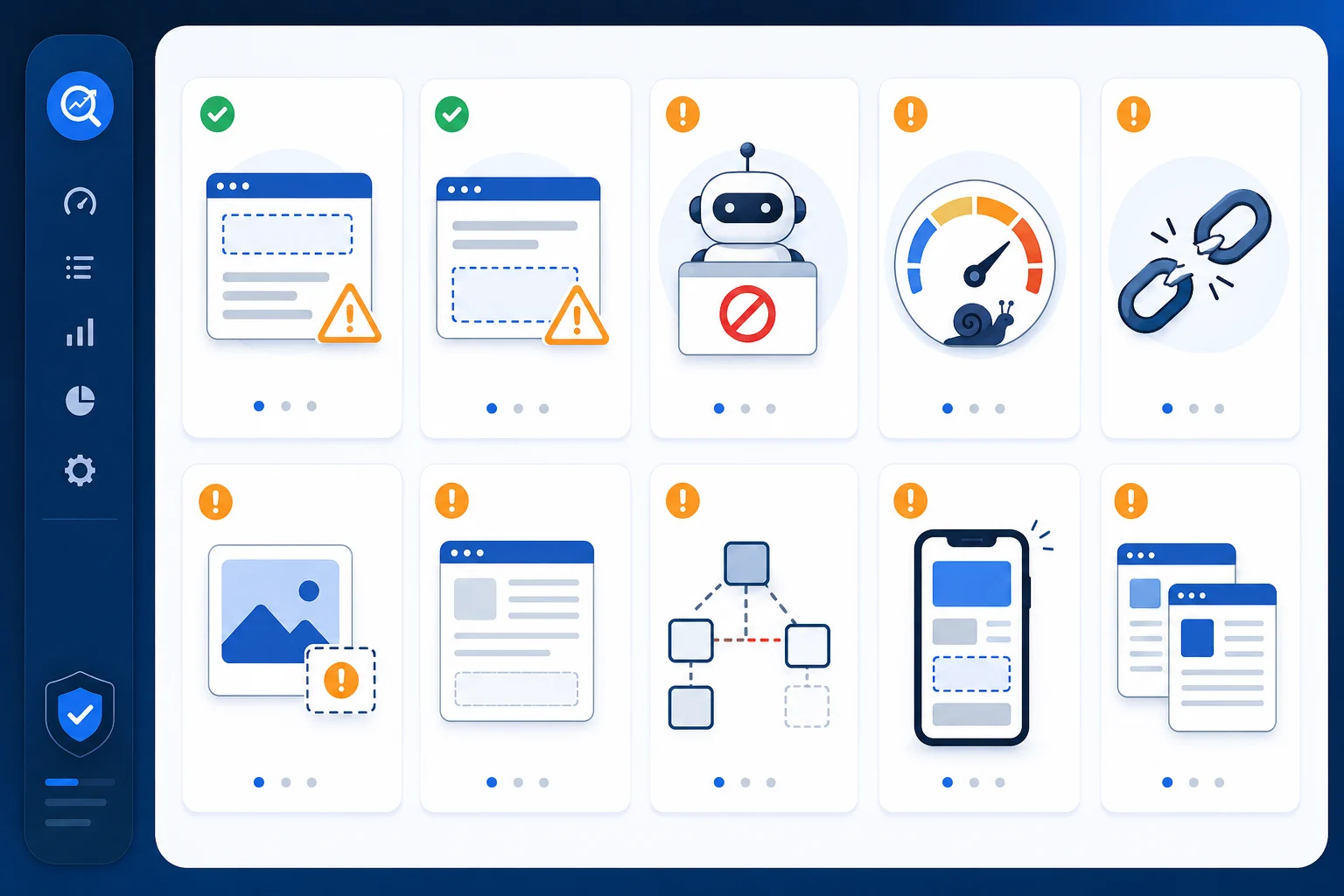 SEO ranking issues checklist showing metadata indexing speed links image alt text and content problems