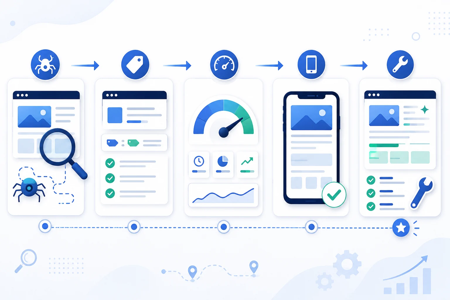 Website SEO audit process showing crawl checks metadata speed mobile usability and SEO fixes