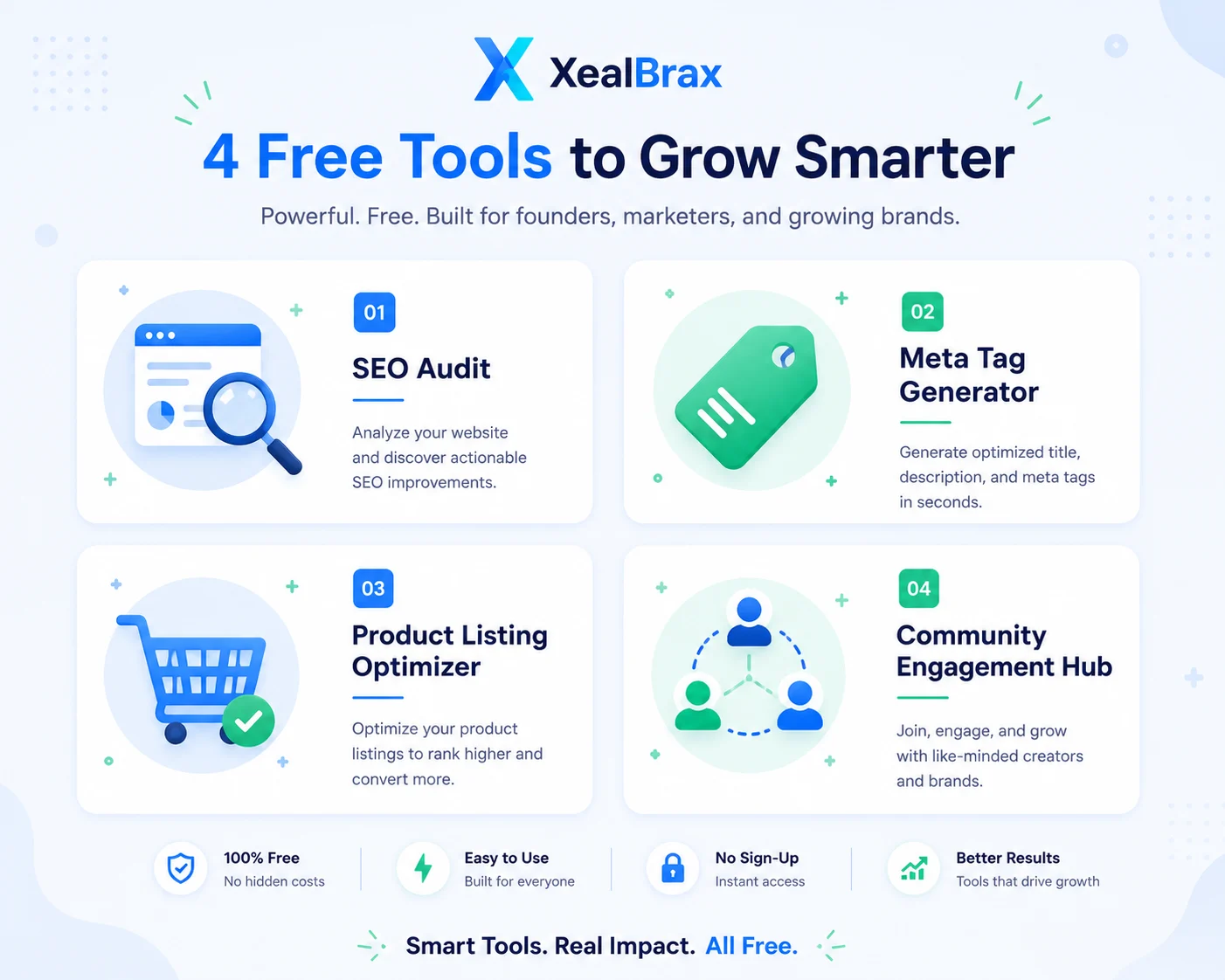 XealBrax free tools – SEO Audit, Meta Tag Generator, Product Listing Optimizer, and Community Engagement Hub