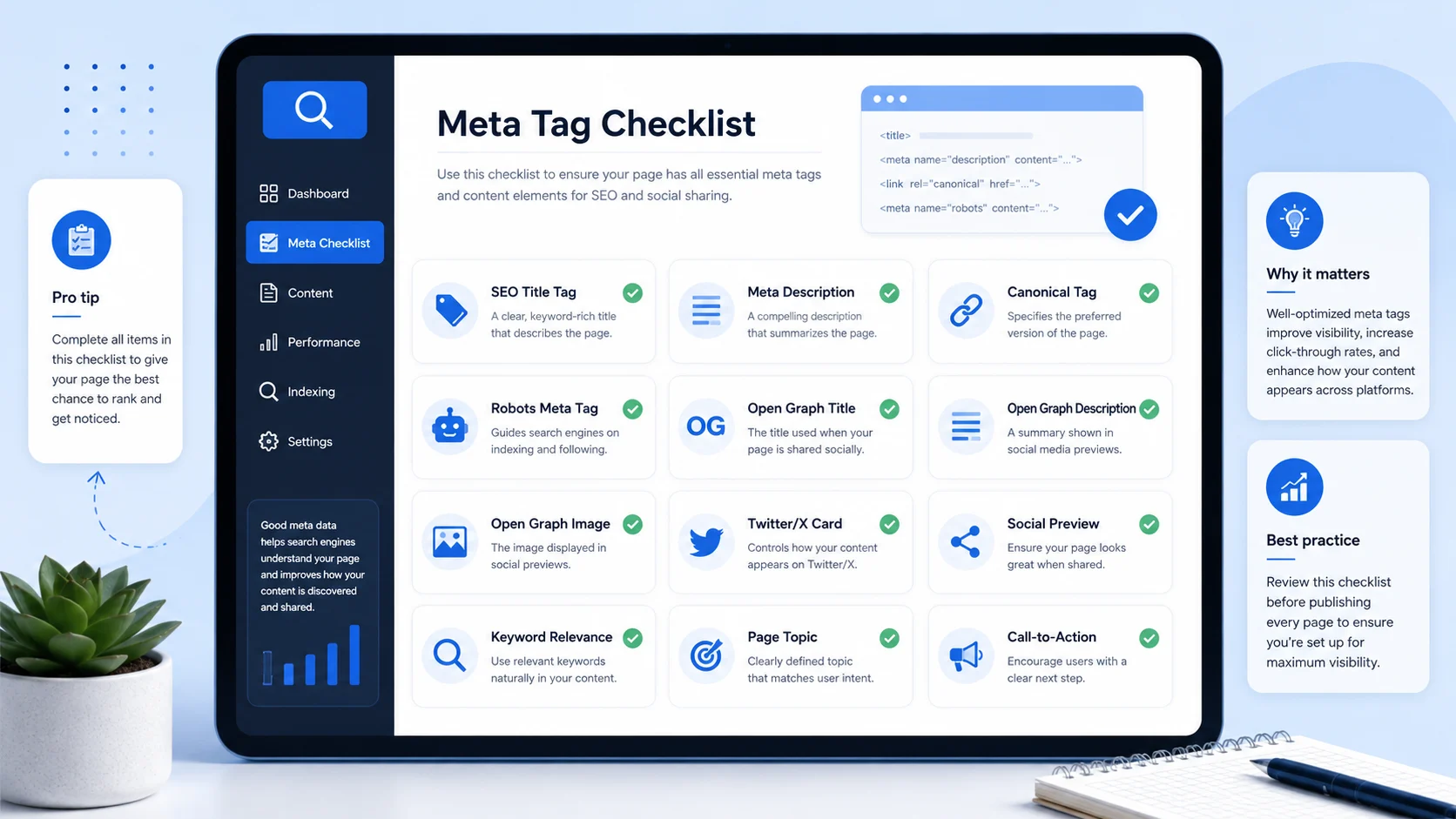 Advanced meta tag checklist showing SEO title, meta description, canonical tag, robots tag, Open Graph tags, Twitter card, and social preview checks.