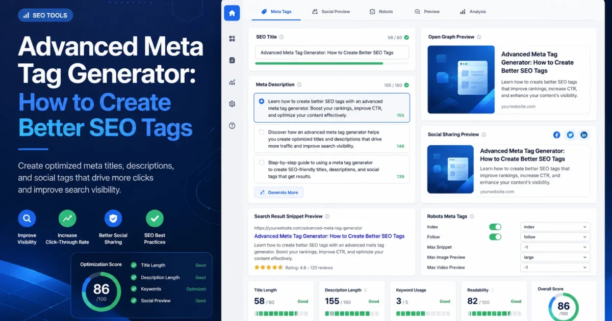 Advanced meta tag generator dashboard showing SEO title ideas, meta descriptions, Open Graph tags, social previews, and search snippet metadata.