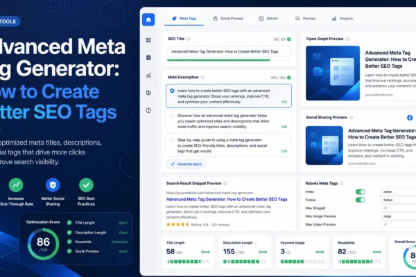 Advanced meta tag generator dashboard showing SEO title ideas, meta descriptions, Open Graph tags, social previews, and search snippet metadata.