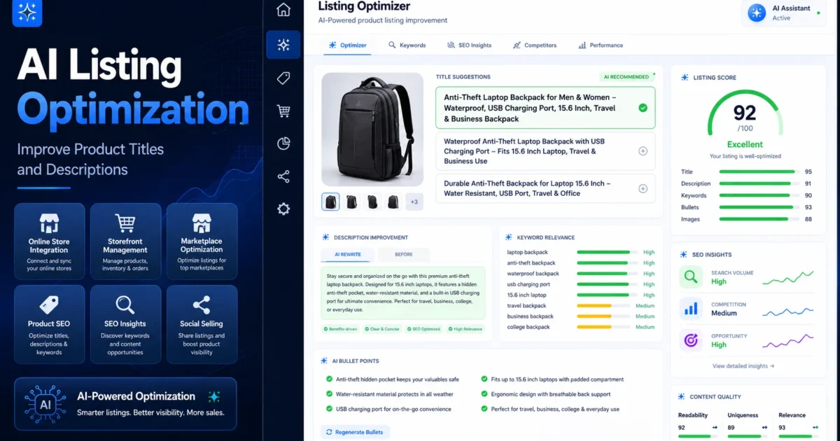 AI listing optimization dashboard showing product title suggestions, description improvements, keywords, bullet points, product image preview, and ecommerce SEO cards.