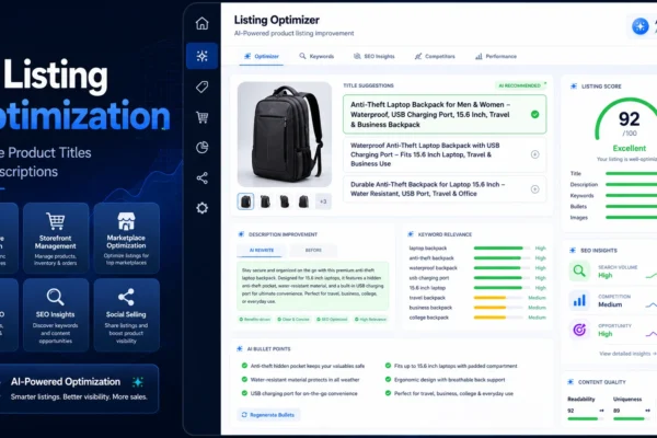 AI listing optimization dashboard showing product title suggestions, description improvements, keywords, bullet points, product image preview, and ecommerce SEO cards.