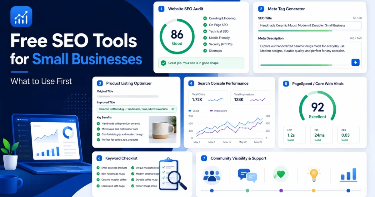 Free SEO tools dashboard for small businesses showing SEO audit, meta tag generator, product listing optimizer, Search Console performance, PageSpeed gauge, and visibility support.