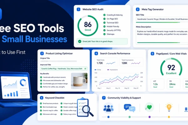 Free SEO tools dashboard for small businesses showing SEO audit, meta tag generator, product listing optimizer, Search Console performance, PageSpeed gauge, and visibility support.
