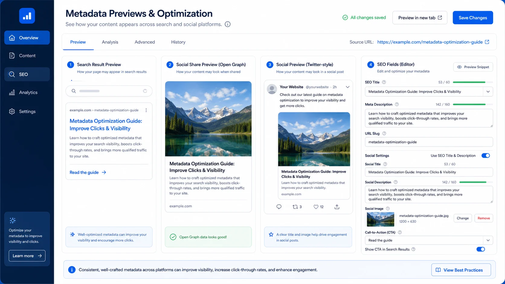 Comparison of SEO meta tags across search result preview, Open Graph card, Twitter card, and SEO plugin metadata fields.