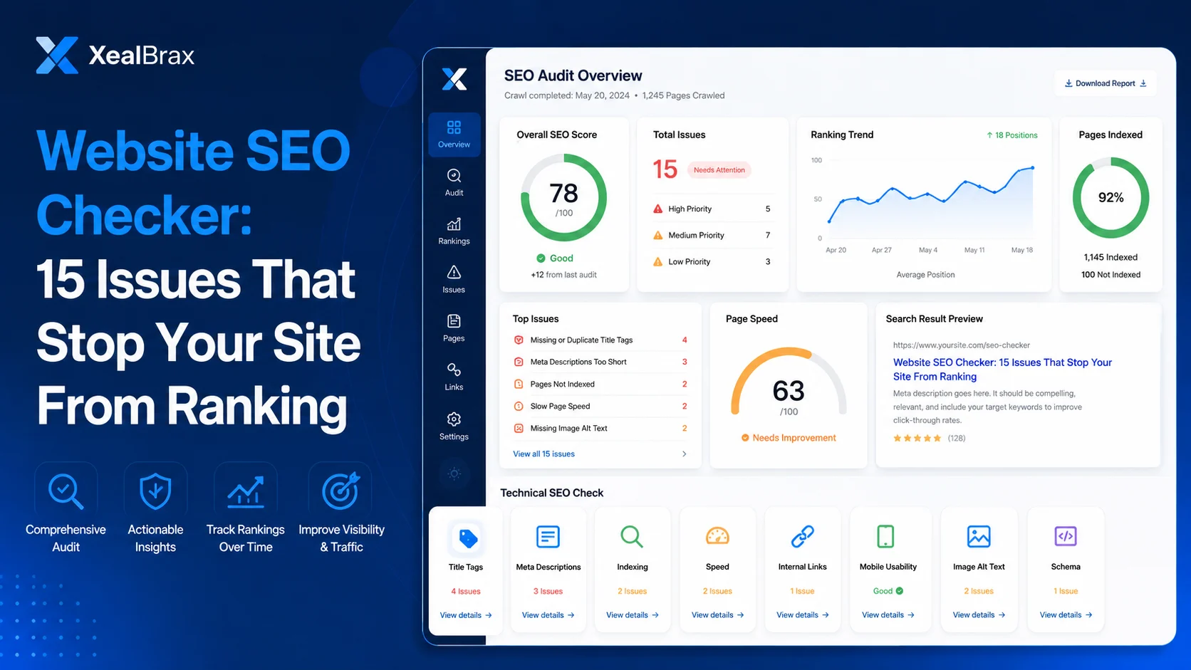 Website SEO checker dashboard showing 15 common SEO issues including titles, meta descriptions, speed, indexing, links, images, and schema.