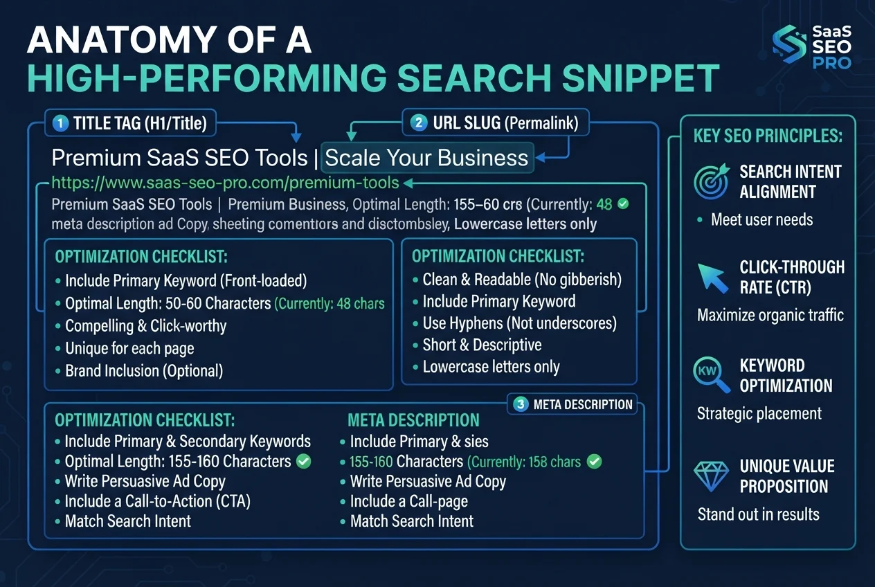 How to Use an AI Meta Tag Generator for Higher Search CTR 2 Technical diagram illustrating the structure of an optimized title tag and meta description for search engines.