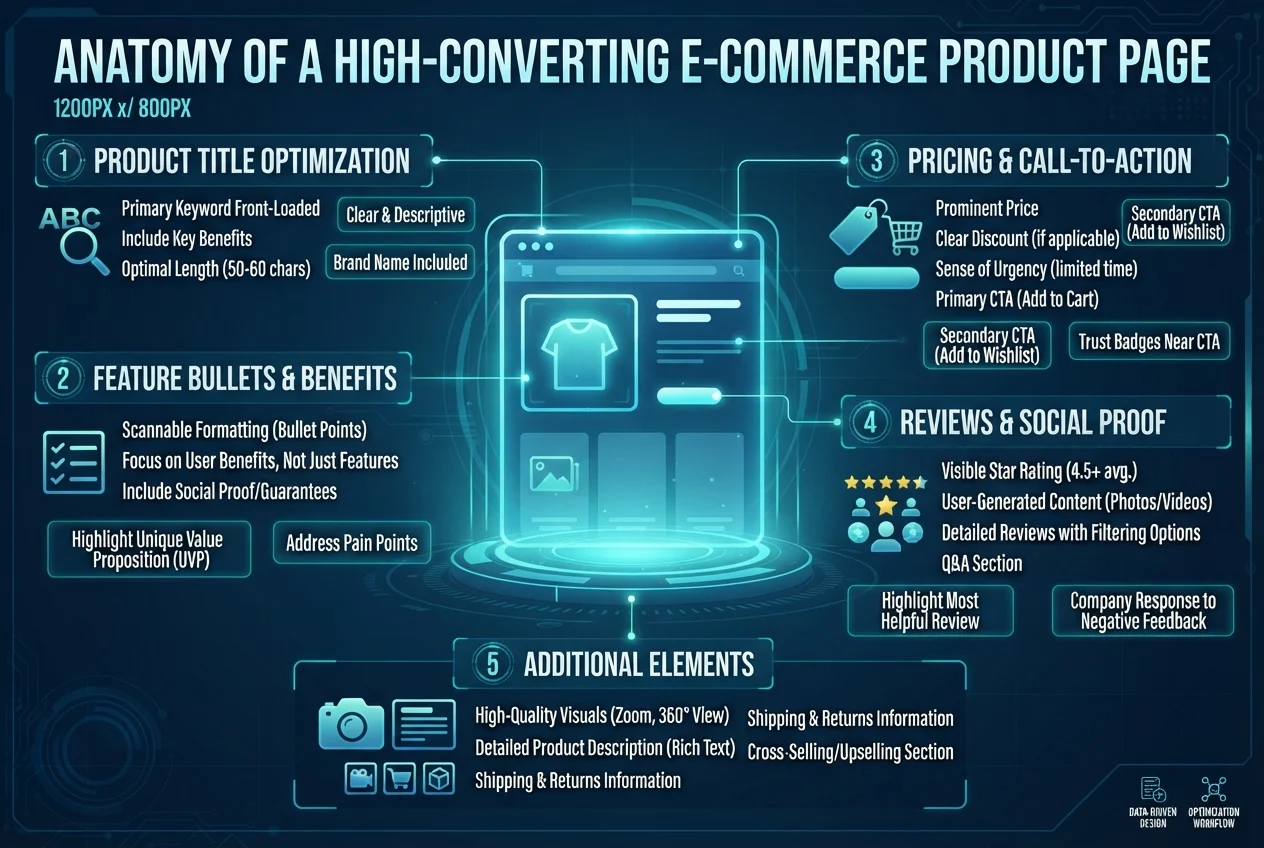 How to Use a Product Listing Optimizer to Maximize Online Sales 2 Technical flowchart outlining the key elements of an optimized e-commerce product listing page.