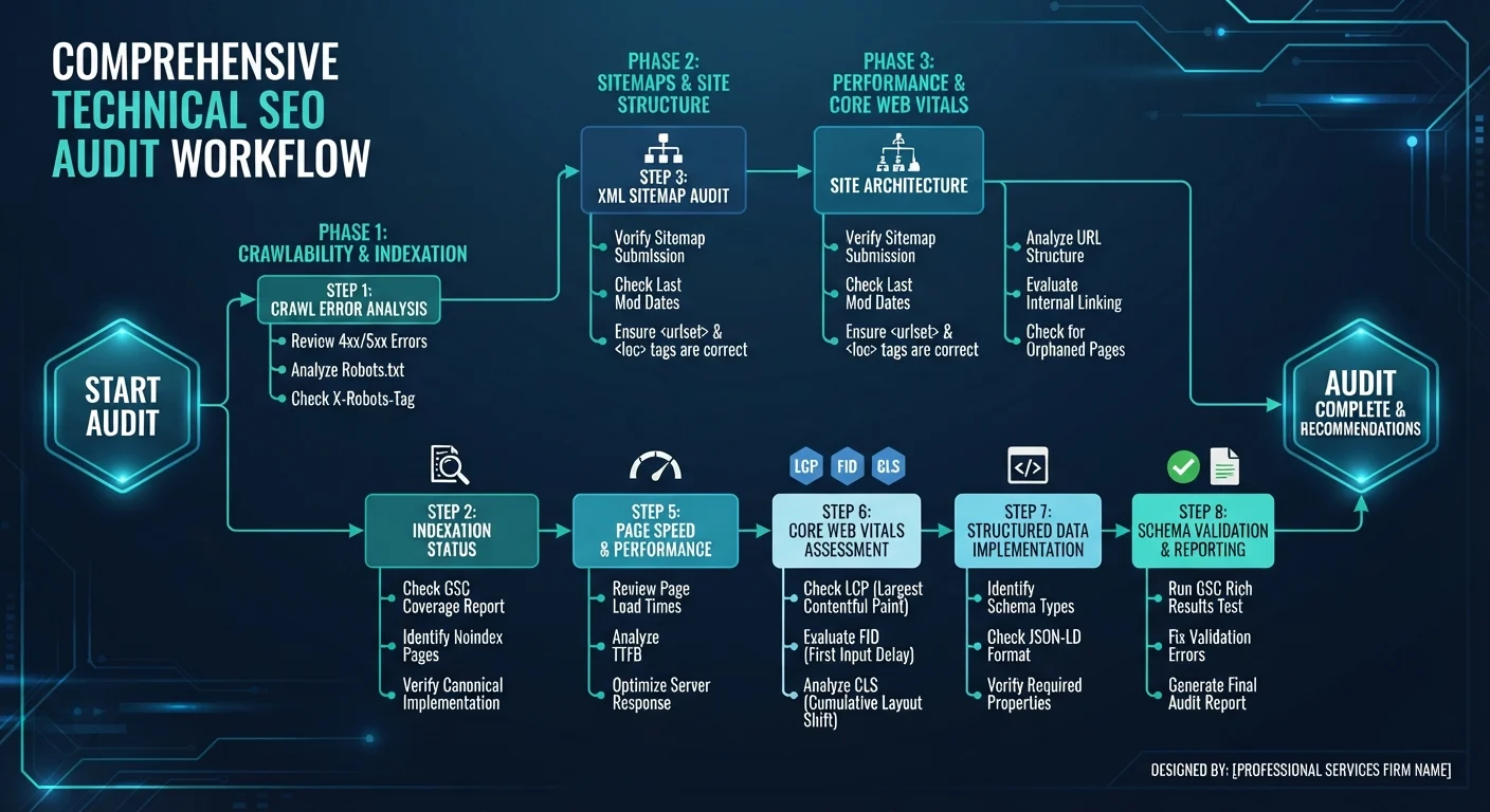 How to Execute a Complete Technical SEO Audit Checklist 2 Technical flowchart illustrating the step-by-step technical SEO audit process for website optimization.