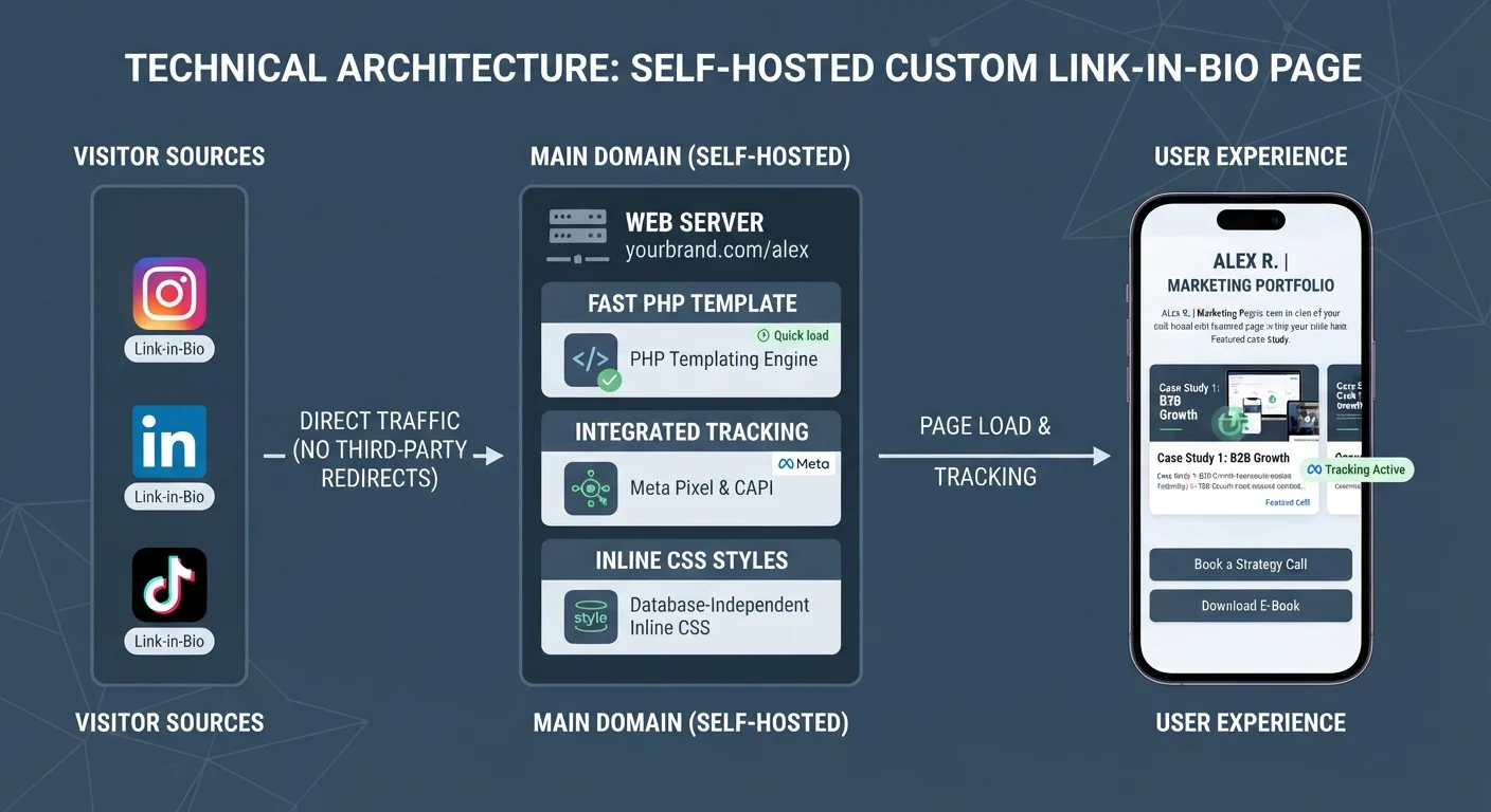 How to Build a Custom Self-Hosted Link in Bio Page 2 Step-by-step process of building a custom link in bio page on WordPress using custom PHP templates, Rank Math, and secure contact forms.