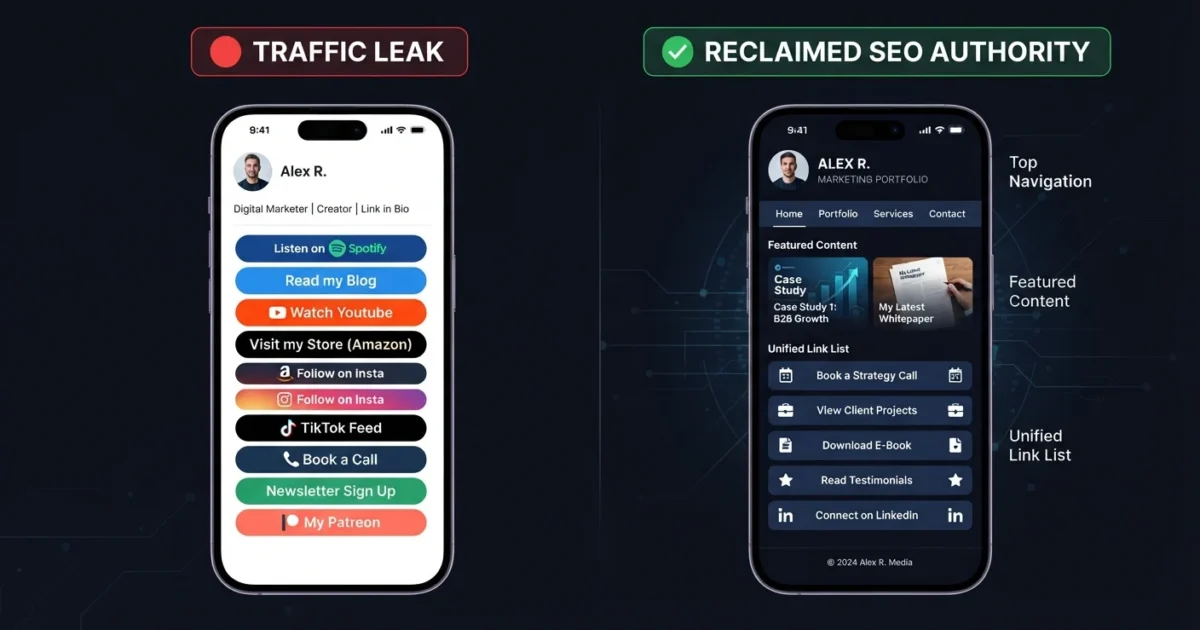 Comparison between Linktree and a self-hosted custom link in bio page showing SEO authority, load times, and custom brand assets.