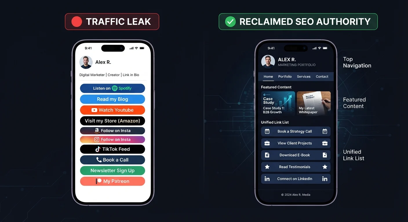How to Build a Custom Self-Hosted Link in Bio Page 1 Comparison between Linktree and a self-hosted custom link in bio page showing SEO authority, load times, and custom brand assets.