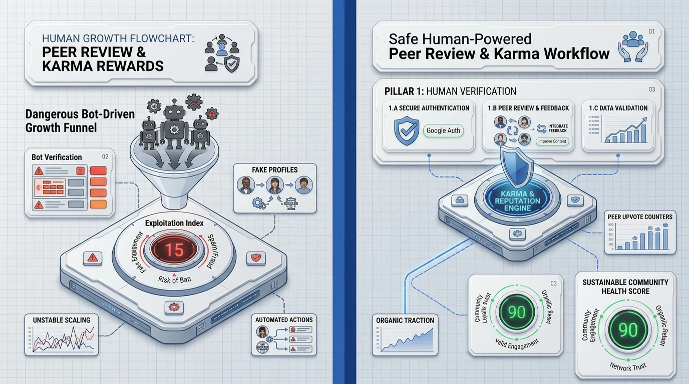 Framework showing organic digital growth through peer reviews and Karma rewards