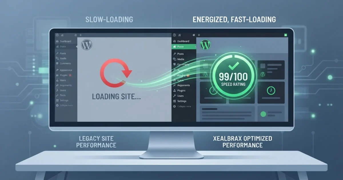 Infographic comparing a slow-loading WordPress website with low performance scores to a fast, optimized site scoring 99 on mobile speed tests.